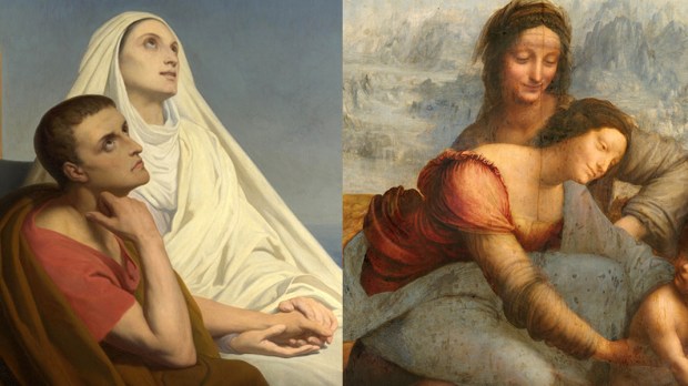 Od lewej do prawej: Św. Augustyn z matką, św. Moniką, obraz autorstwa Ary Scheffer, 1846 r. Dziewica z dzieciątkiem i św. Anna, obraz Leonardo Da Vinci z ok. 1503-1519 r.
