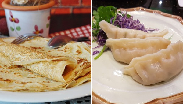 Z lewej naleśniki, z prawej pierogi