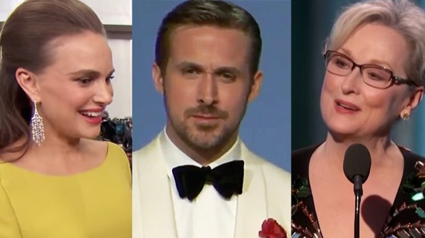 Natalie Portman Ryan Gosling i Maryl Streep podczas przemówień na Złotych Globach 2017