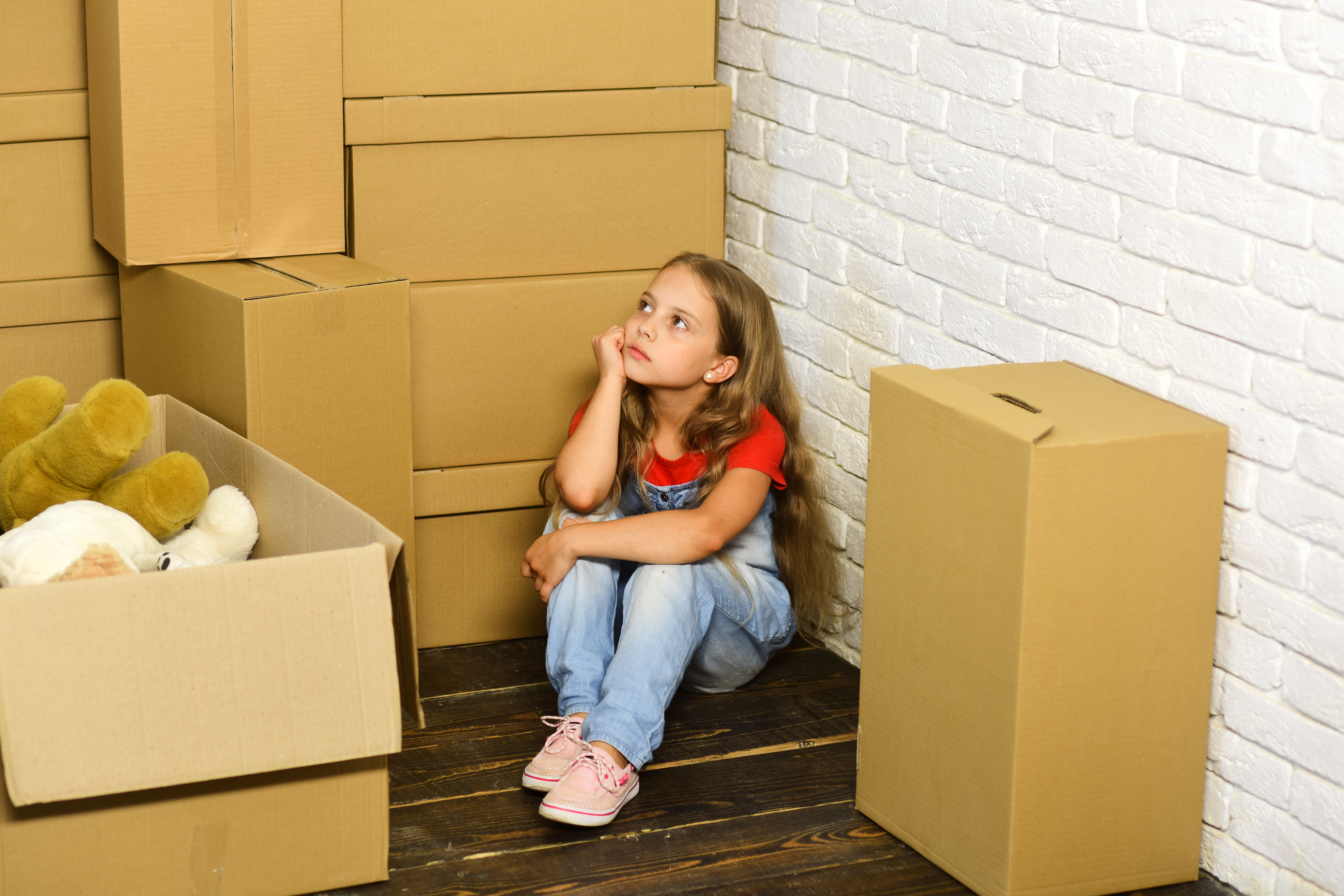 cardboard boxes, girl, move, new home