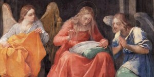 Dlaczego na niektórych obrazach Matka Boża szyje albo haftuje? [GALERIA]