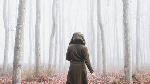kobieta stoi naprzeciwko lasu pogrążonego we mgle