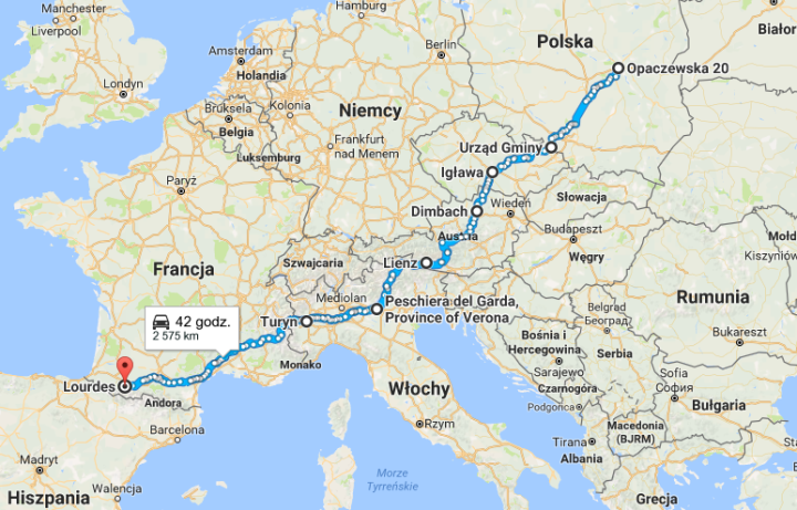 trasa pielgrzymki rowerowej Andrzeja Łukasika do Lourdes