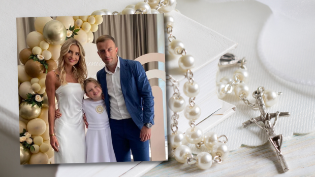 Kamil Grosicki z żoną i córką na przyjęciu z okazji pierwszej Komunii świętej