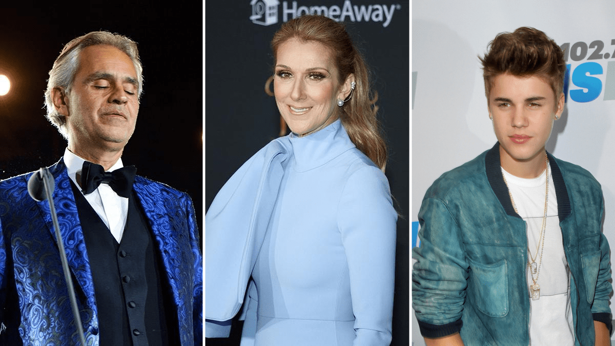 Andrea Bocelli, Celine Dion, Justin Bieber