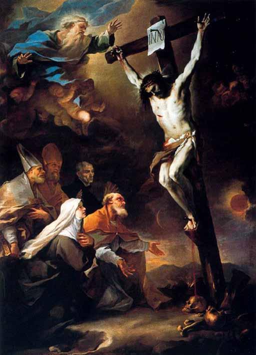 Luca Giordano: "Święci Patroni Neapolu adorujący Chrystusa na krzyżu" (XVII w.), olej na płótnie, Museo di Capodimonte