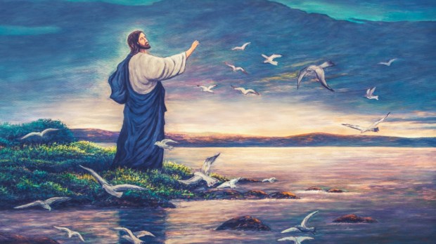 Jezus stoi nad brzegiem jeziora obraz olejny