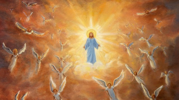 Jezus Chrystus w niebie otoczony przez aniołów