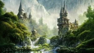 Artystyczne wyobrażenie miasta elfów Rivendell z Władcy Pierścieni