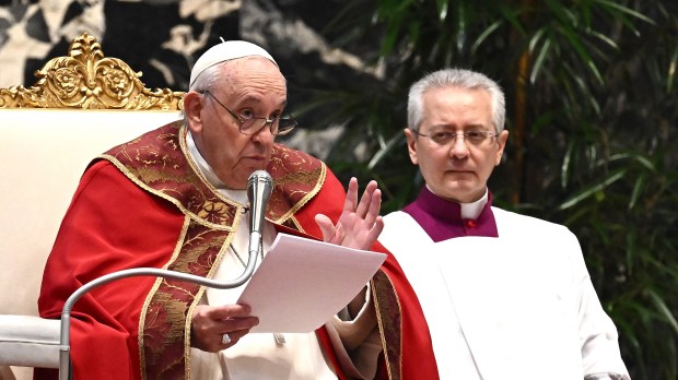 Pope Francis delivers his speech as he takes part in the All Souls Day Papal mass for a commemoration in memory of the Cardinals and Bishops deceased during the year