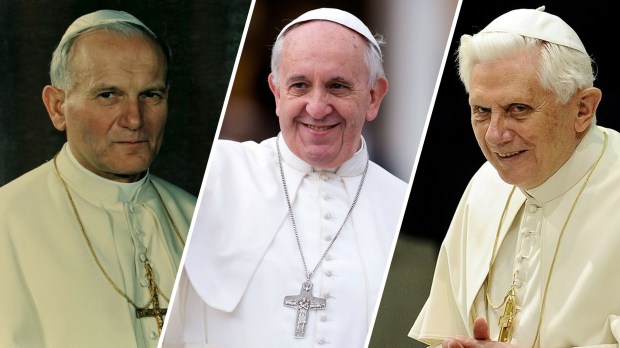 papież Jan Paweł II, papież Franciszek, papież Benedykt XVI