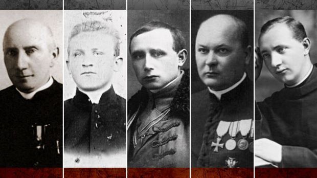 Od lewej: ks. Mateusz Zabłocki, ks. Ignacy Skorupka, ks. Józef Panaś, ks. Jan Leon Ziółkowski i o. Stanisław Cyprian Rozumkiewicz OFMConv