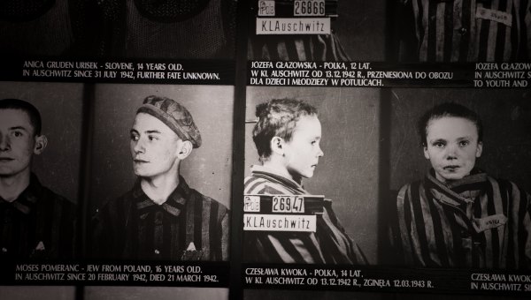 fotografie młodych więźniów w muzeum Auschwitz wykonane przez Wilhelma Brasse