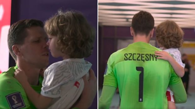 Wojciech Szczęsny pociesza swojego syna Liama w tunelu po porażce reprezentacji Polski z Francją w meczu 1/8 finału mistrzostw świata w Katarze