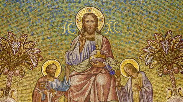 Jezus Chrystus i apostołowie Piotr i Jan