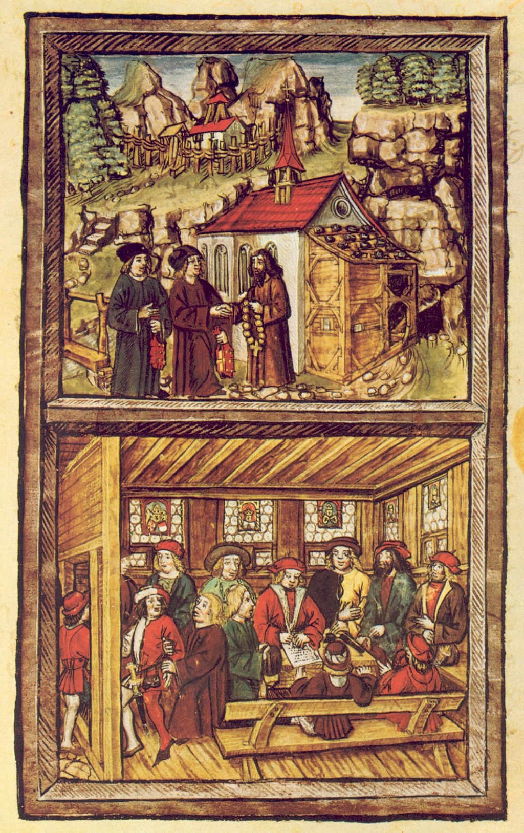 Święty Mikołaj z Flüe dyktuje list, który godzi zwaśnione strony sporu