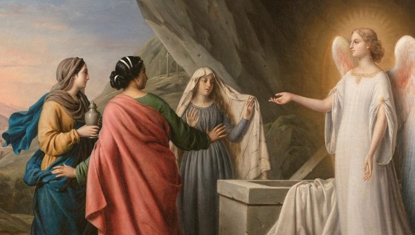 Trzy kobiety spotykają anioła u grobu zmartwychwstałego Jezusa