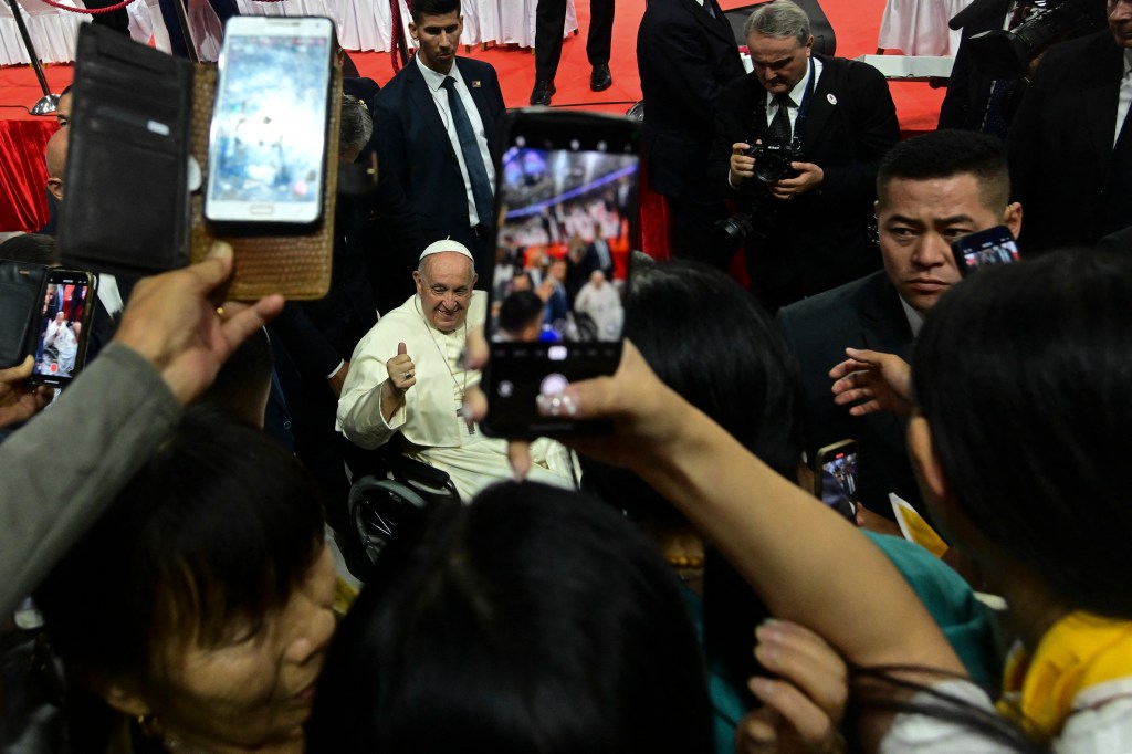 Pope Francis leaves following Holy Mass at the Steppe Arena in Ulaanbaatar