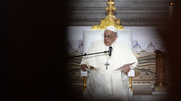 Pope Francis delivers a speech as he takes part in a Marian prayer with the diocesan clergy and faithfuls at the Basilica of Notre-Dame de la Garde in Marseille