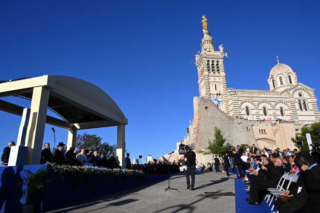 Pope Francis during a homage at the memorial dedicated to sailors and migrants lost at sea at the Basilica of Notre-Dame de la Garde in Marseille