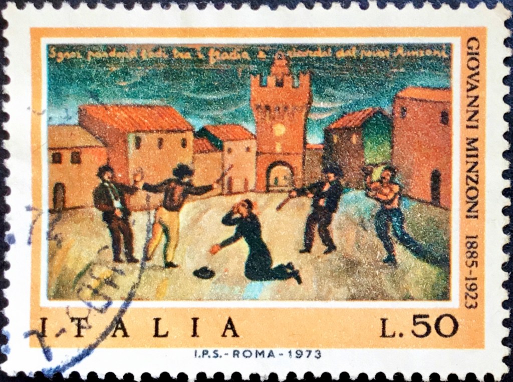 Znaczek pocztowy przedstawiający scenę śmierci ks. Giovanniego Minzoniego (1973)
