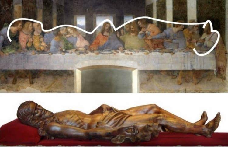 Zestawienie "Ostatniej Wieczerzy" Leonarda da Vinciego z odbiciem ciała z Całunu Turyńskiego