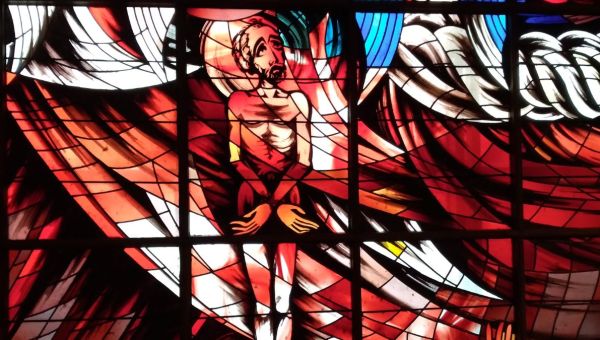 Witraż z św. Andrzejem Bobolą z kościoła jezuitów na Rakowieckiej