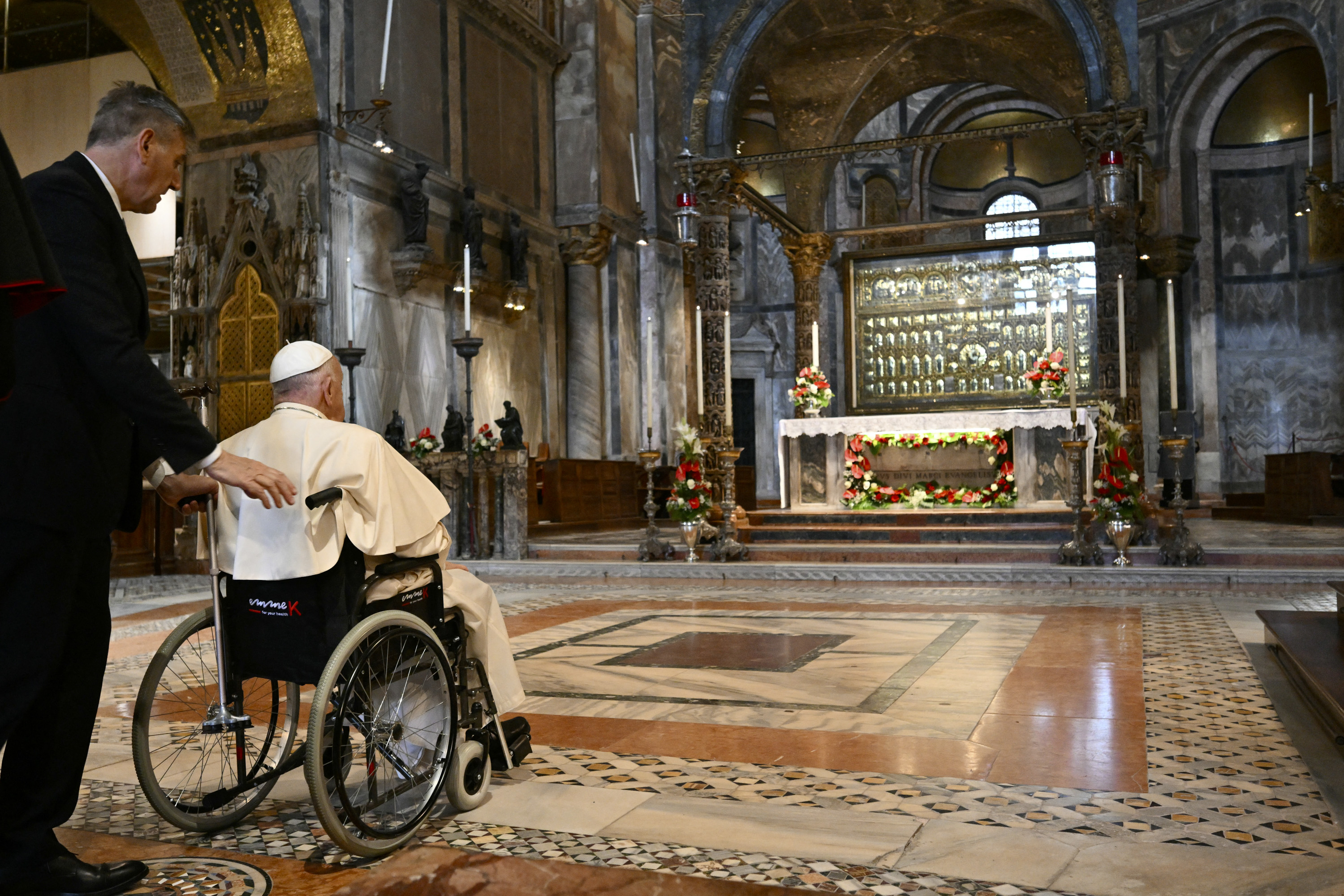 Pope Francis arrives to pray at St.Mark's basilica on April 28, 2024 in Venice