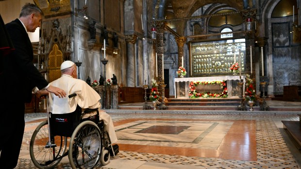 Pope Francis arrives to pray at St.Mark's basilica on April 28, 2024 in Venice