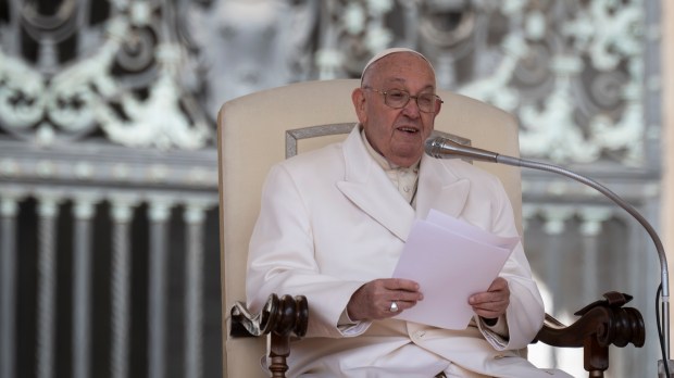 Pope Francis during his weekly general audience in St. Peter's square at the Vatican on April 24, 2024