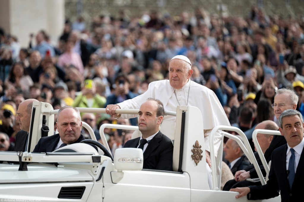 Pope Francis during his weekly general audience in St. Peter's square at the Vatican on April 10, 2024