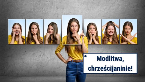 Emocje na modlitwie. Kobieta ze zdjęciami swojej twarzy wyrażającymi różne emocje.