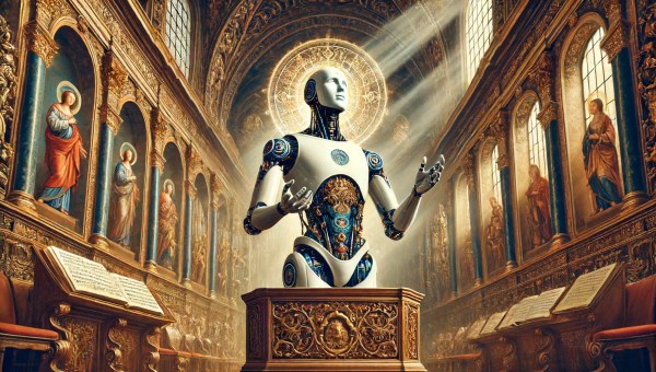 Baroque-style painting, depicting an artificial intelligence singing Gregorian chant. The image maintains the solemn and majestic atmosphere with intricate details and rich decorations.
