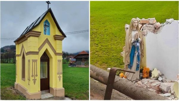 Zniszczona kapliczka Matki Bożej w Temenicy, ocalała figura