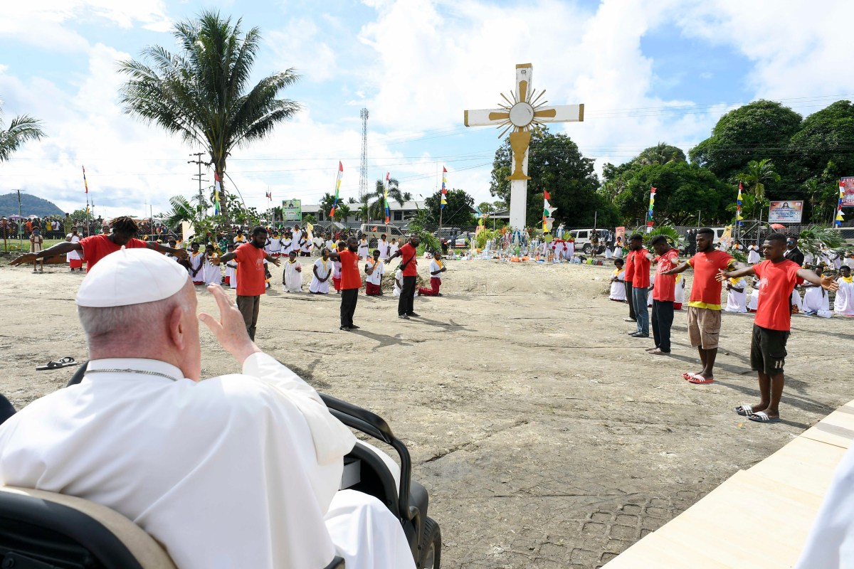Pope Francis gesturing during a meeting with Catholic faithful of the diocese of Vanimo in front of Holy Cross Cathedral in Vanimo, Papua New Guinea, on September 8, 2024.