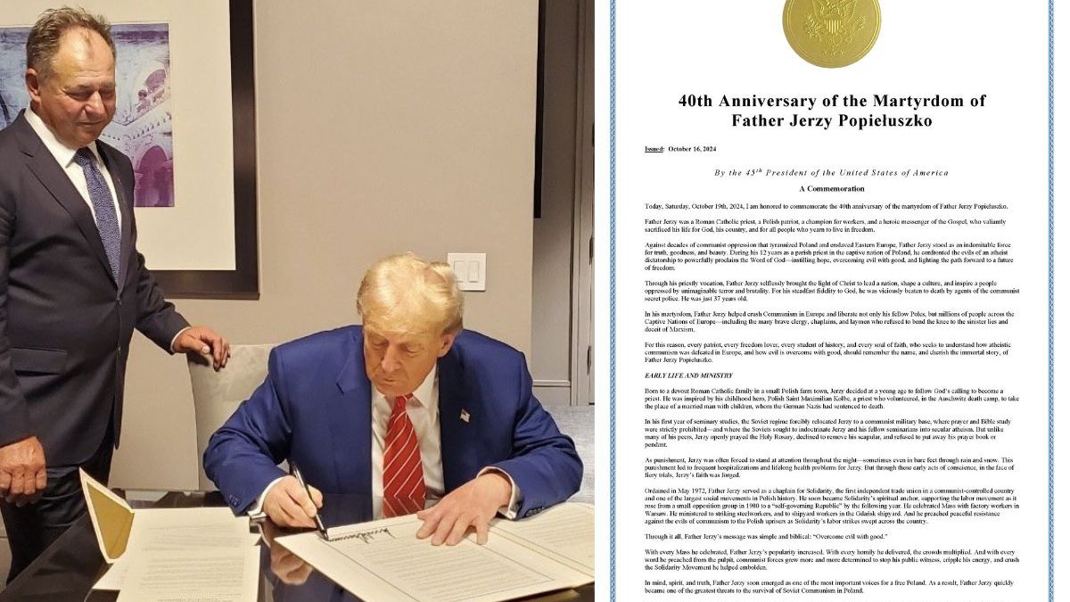 Donald trump podpisuje akt uhonorowania księdza Jerzego Popiełuszki