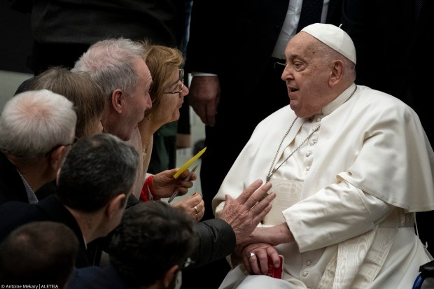 Pope Francis during his weekly general audience in Paul VI Hall at the Vatican on February 12, 2025