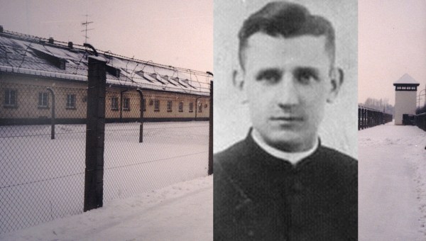 Bł. Wincenty Frelichowski. W tle KL Dachau