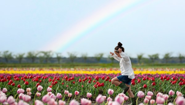 little girl among flowers with rainbow in sky