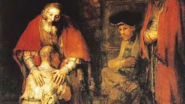 Rembrandt, Powrót syna marnotrawnego, 1667, musée de l’Ermitage à Saint-Pétersbourg © Wikipedia . Rembrandt, usé par la mort de son propre fils, a une soixantaine d'années lorsqu'il peint ce tableau. C'est l'intimité entre le père et son enfant qui est mise en évidence ici. La stature arrondie du père vient protéger l'enfant revenu. Le fils blotti, est peint comme un enfant venant s'appuyer contre les entrailles de son père. Délivré de ses démons, il comprend l'amour inconditionnel d'un père pour ses enfants. Inspirée du chapitre 15 de l'Évangile de Luc, cette toile du maître de l'âge d'or hollandais sert de support pour parler du sacrement de réconciliation et nous montrer le chemin de l'amour infini du Père pour entrer dans le miséricorde.