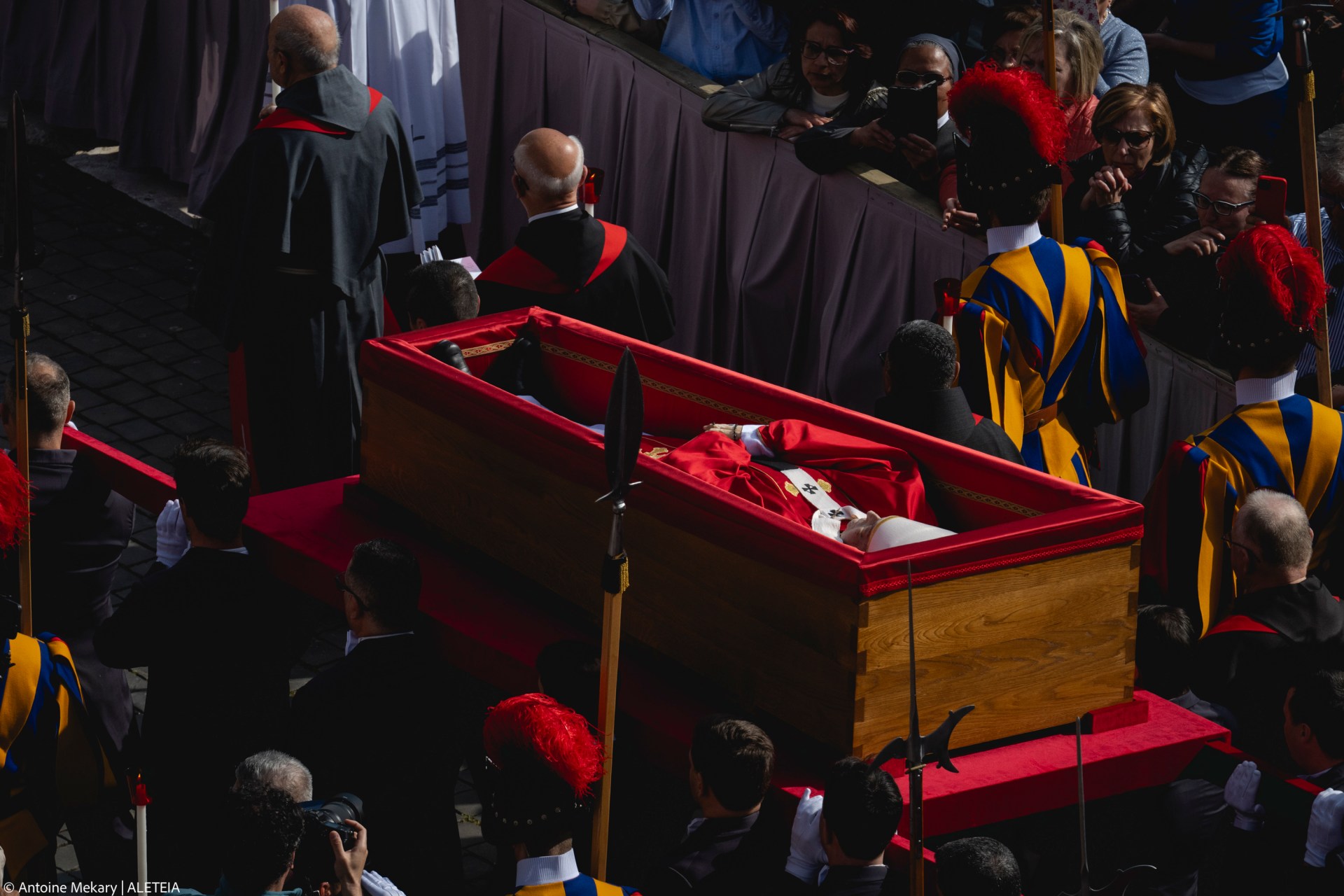 Pallbearers carry the coffin of the late Pope from the chapel of Santa Marta to St. Peter's Basilica in the Vatican on April 23, 2025.