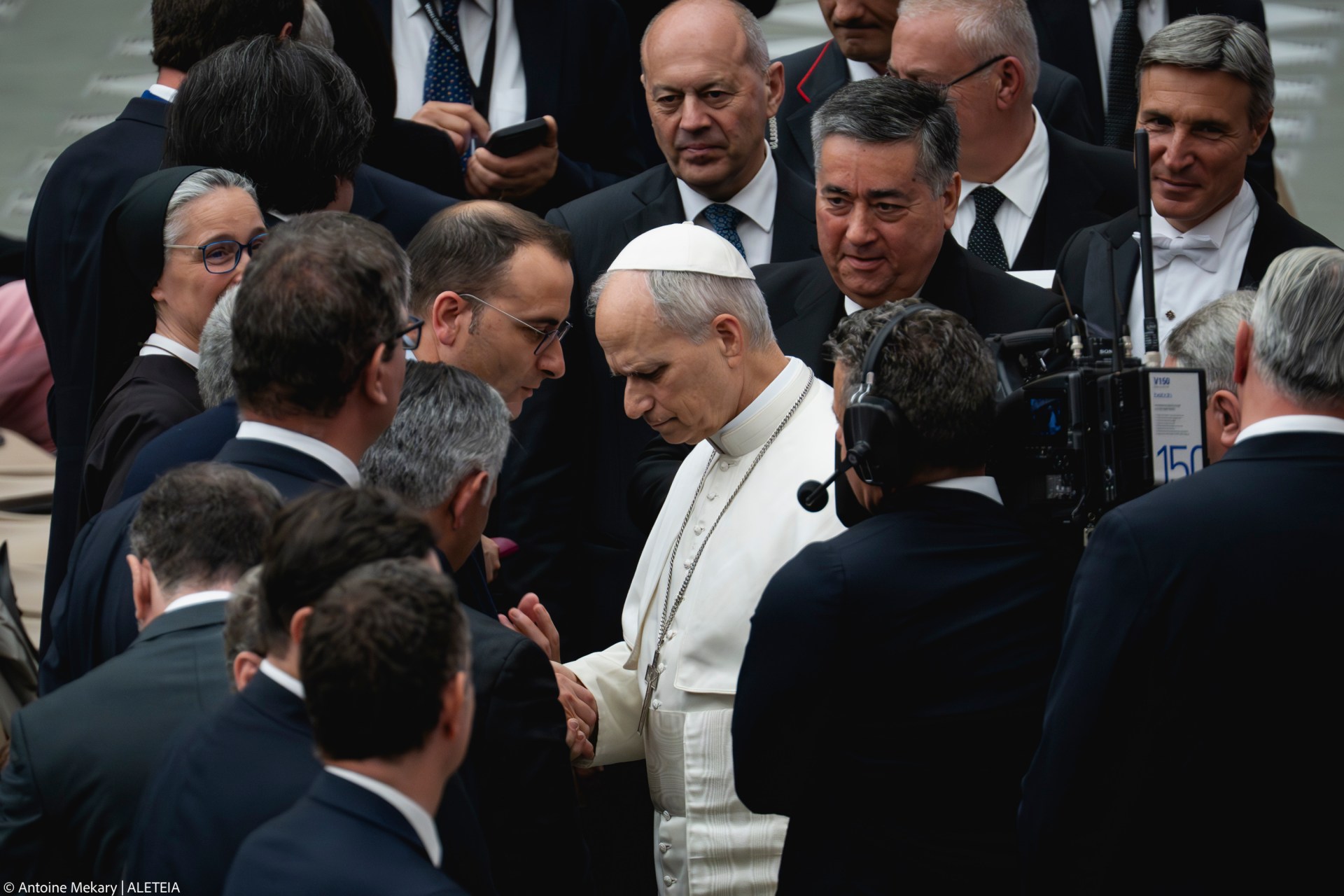 Pope Leo XIV during his audience with media representatives at the Paul VI Hall in the Vatican, on May 12, 2025.