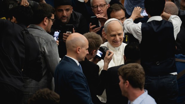 Pope Leo XIV during his audience with media representatives at the Paul VI Hall in the Vatican, on May 12, 2025.