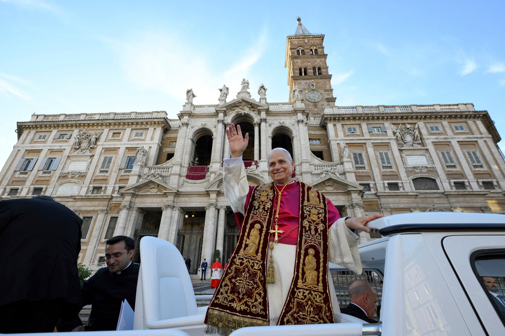 This photo taken and handout on May 25, 2025 by The Vatican Media shows Pope Leo XIV during his visit at St Mary Major in Rome