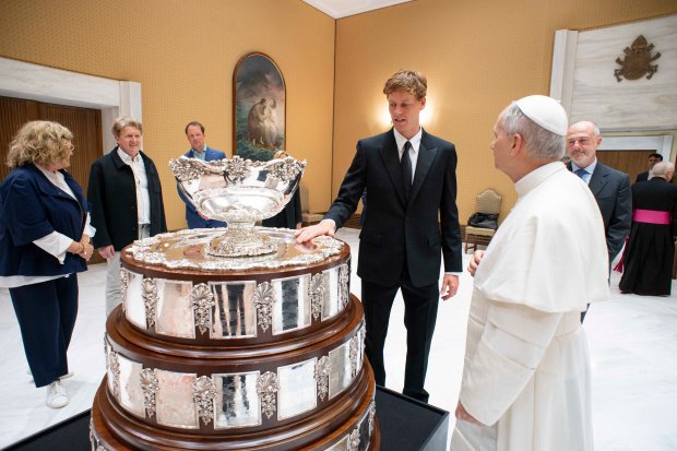 Pope Leo XIV during a private audience with Italy's tennis player Jannik Sinner