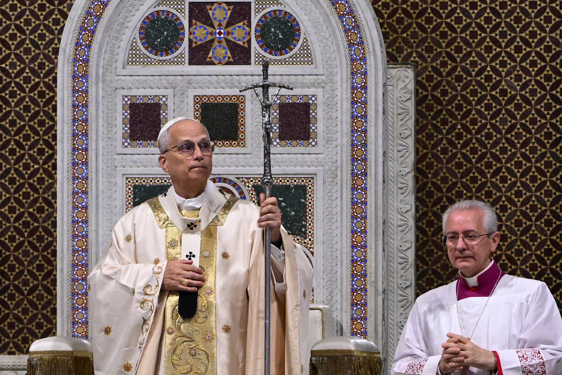 Pope Leo XIV leads a holy mass as he takes possession at Saint John Lateran archbasilica in Rome, on May 25, 2025.