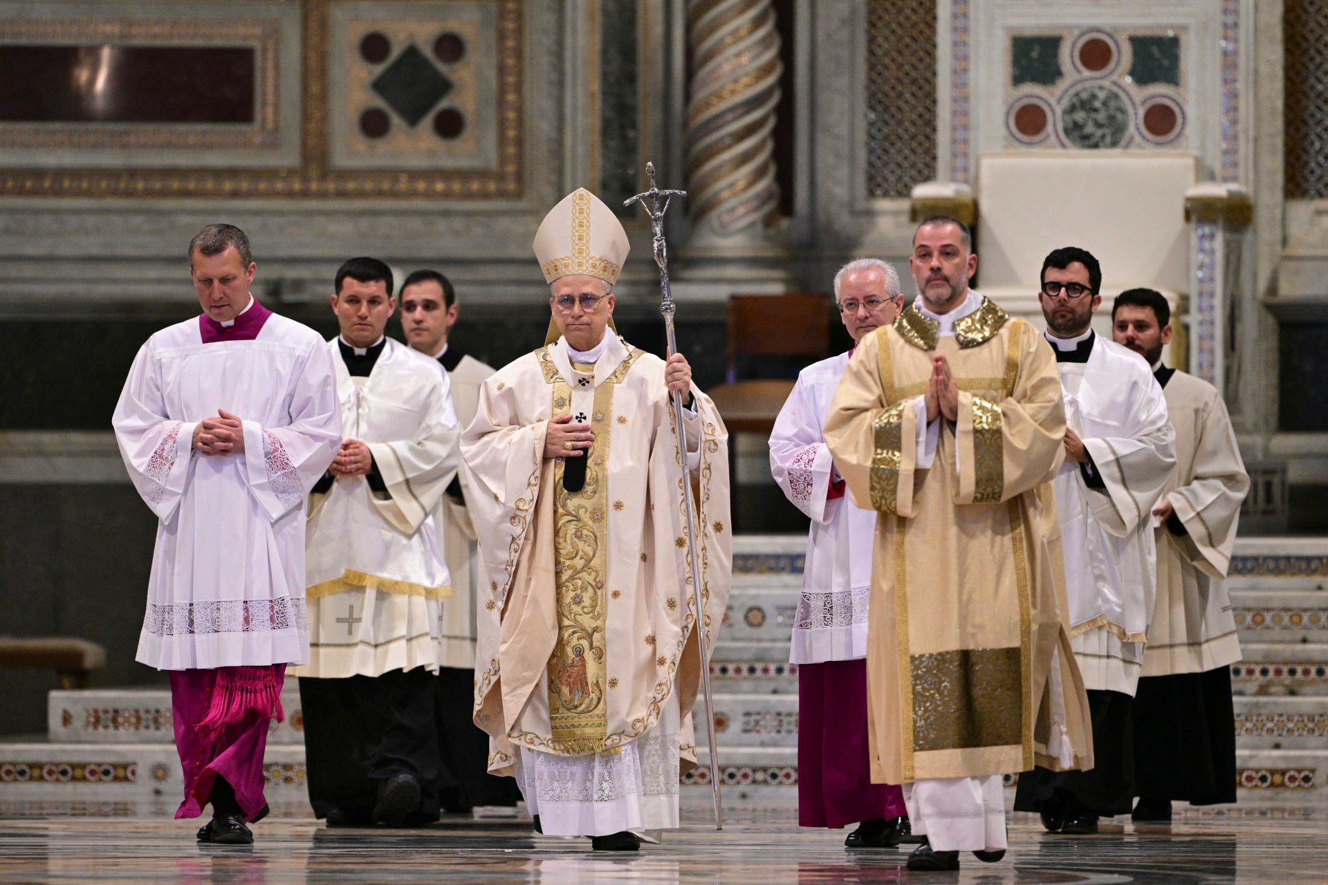 Pope Leo XIV leads a holy mass as he takes possession at Saint John Lateran archbasilica in Rome, on May 25, 2025.