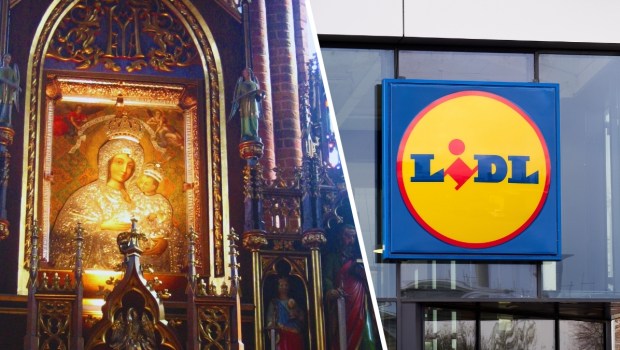 Matka Boża Gietrzwałdzka i logo Lidl