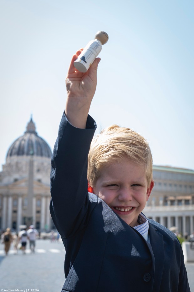 Samuel-boy-Pope-Leo-XIV-peg-doll-representing-pontiff