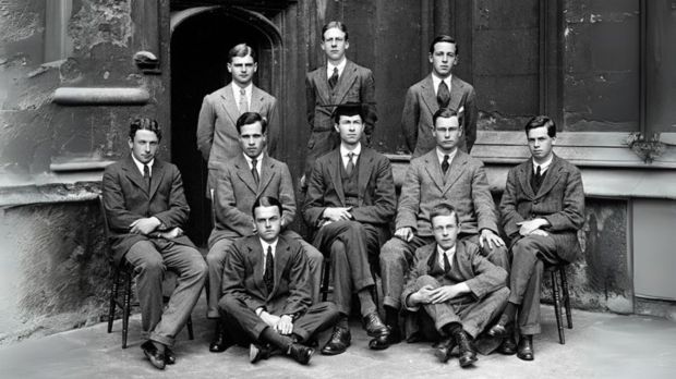 Studenci studiów licencjackich University College, semestr letni 1917 roku. C.S. Lewis stoi po prawej stronie w tylnym rzędzie.